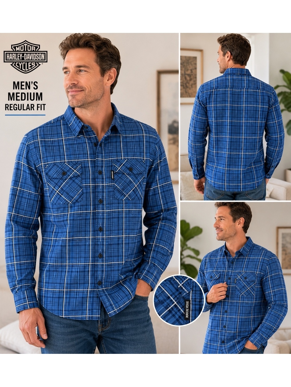 Harley-Davidson Men's Blue Plaid Button-Up Shirt Regular Fit